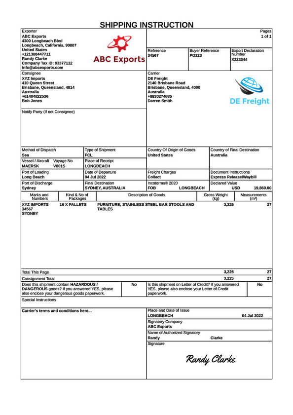 Shipping instructions template